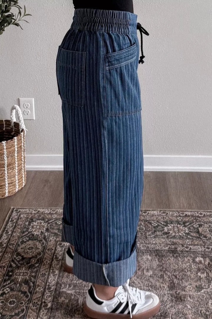 Pinstripe wide-leg drawstring denim with cuffed hem