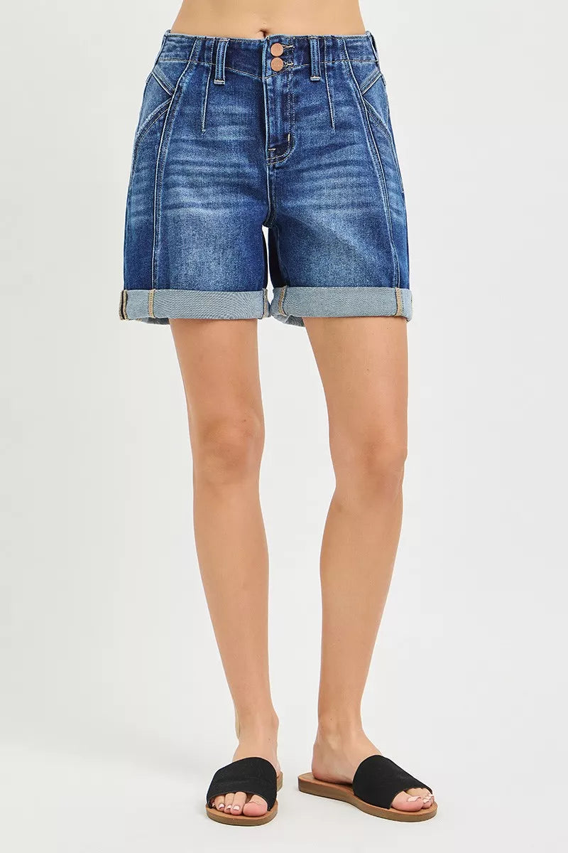 High-rise double-button seamed cuffed denim shorts