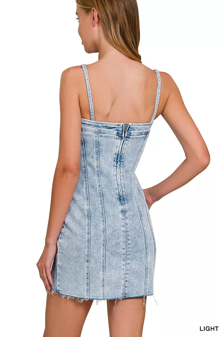 Exposed seam spaghetti strap denim mini dress with raw hem