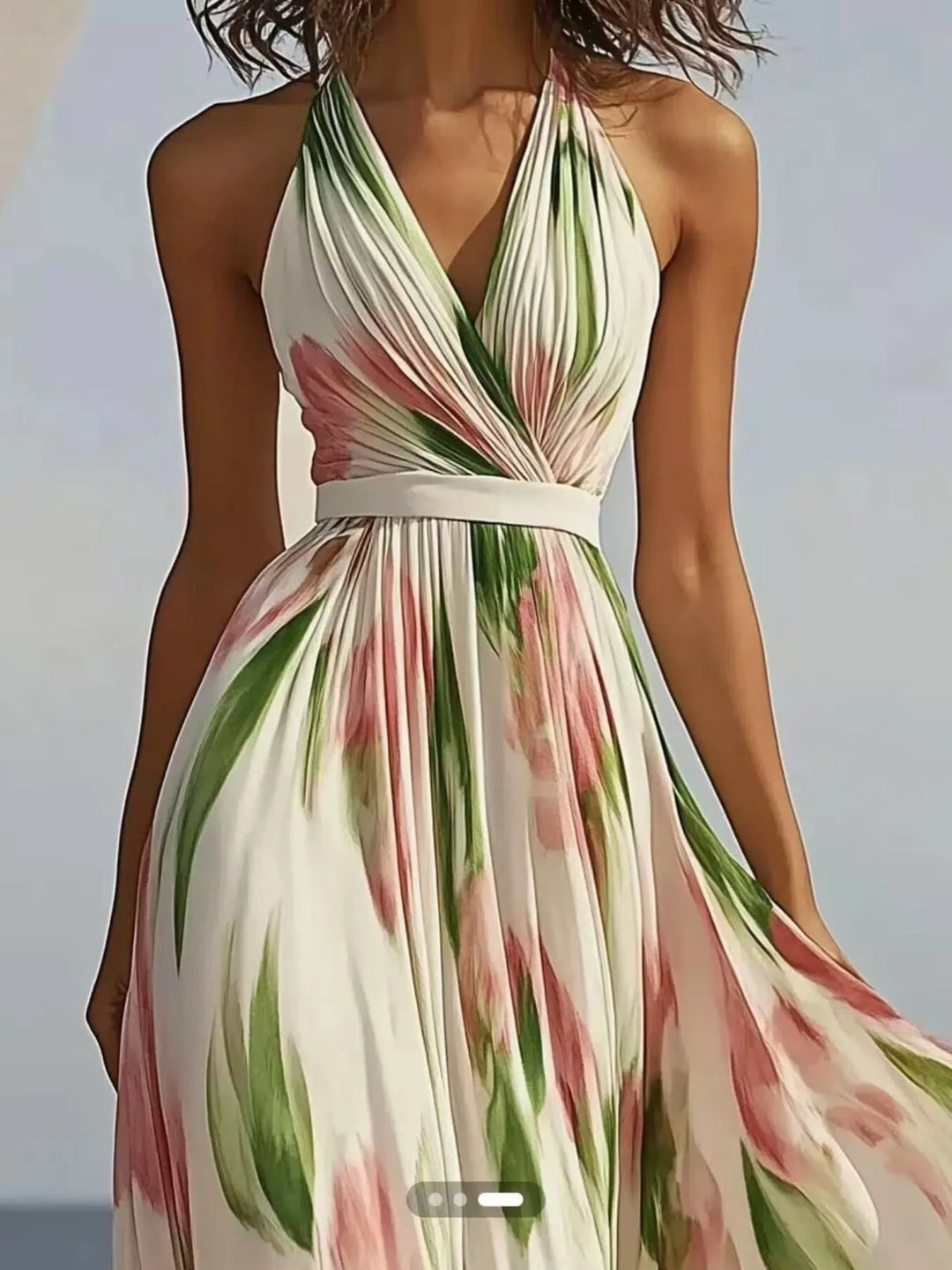 Pleated floral halter maxi dress with tie back