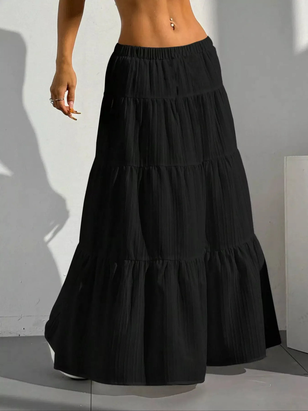 Tiered ruched maxi skirt with elastic waist