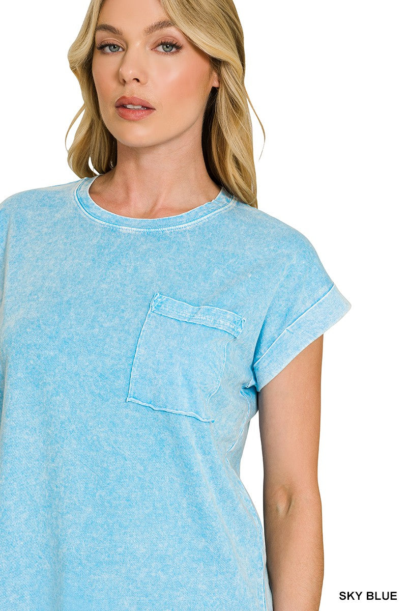 Snow-washed cuffed short sleeve tee with chest pocket