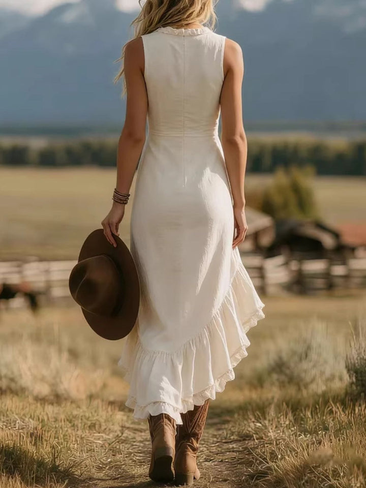 Asymmetrical ruffle hem sleeveless V-neck maxi dress