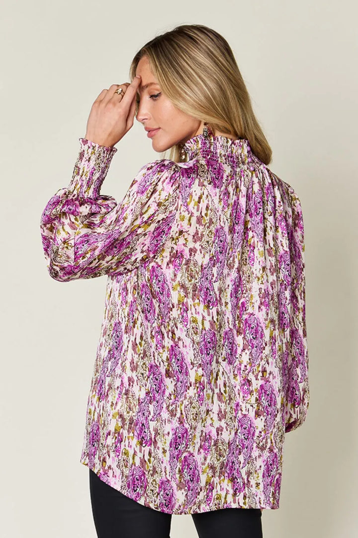 Printed smocked frill mock neck long sleeve blouse