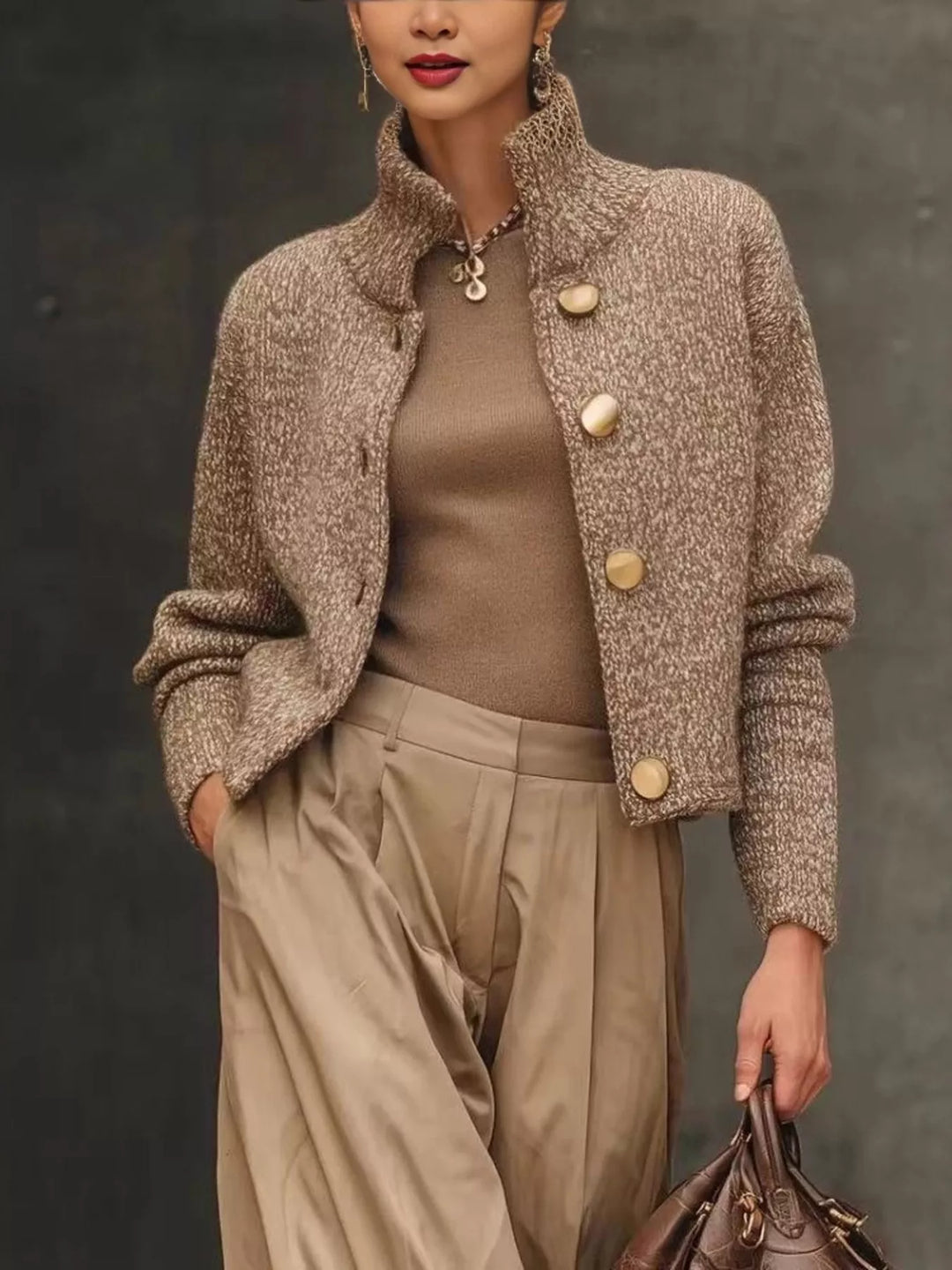 Camel Marled knit stand-collar button-down cardigan