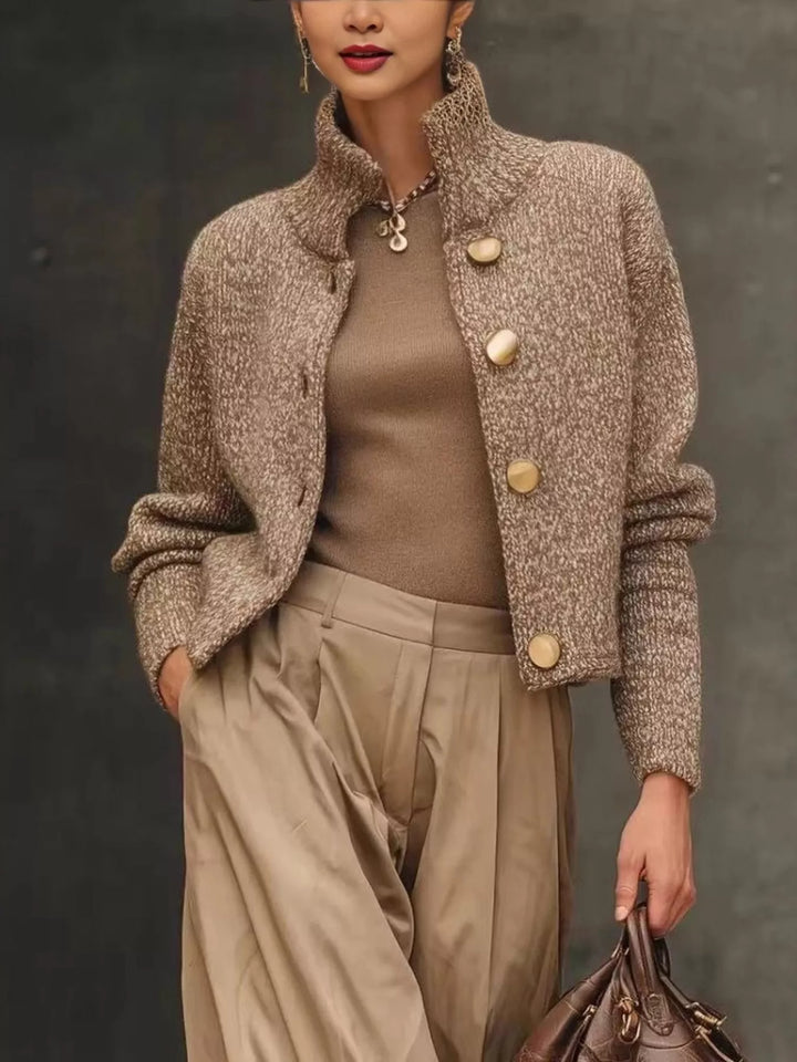 Camel Marled knit stand-collar button-down cardigan