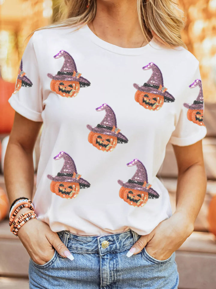 Sequin witch hat pumpkin patch short sleeve crew neck tee