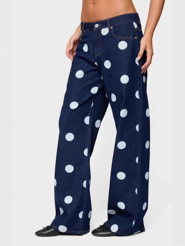 Polka dot wide leg jeans with button fly