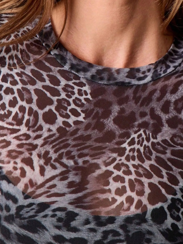 Sheer leopard mesh crew neck long sleeve top