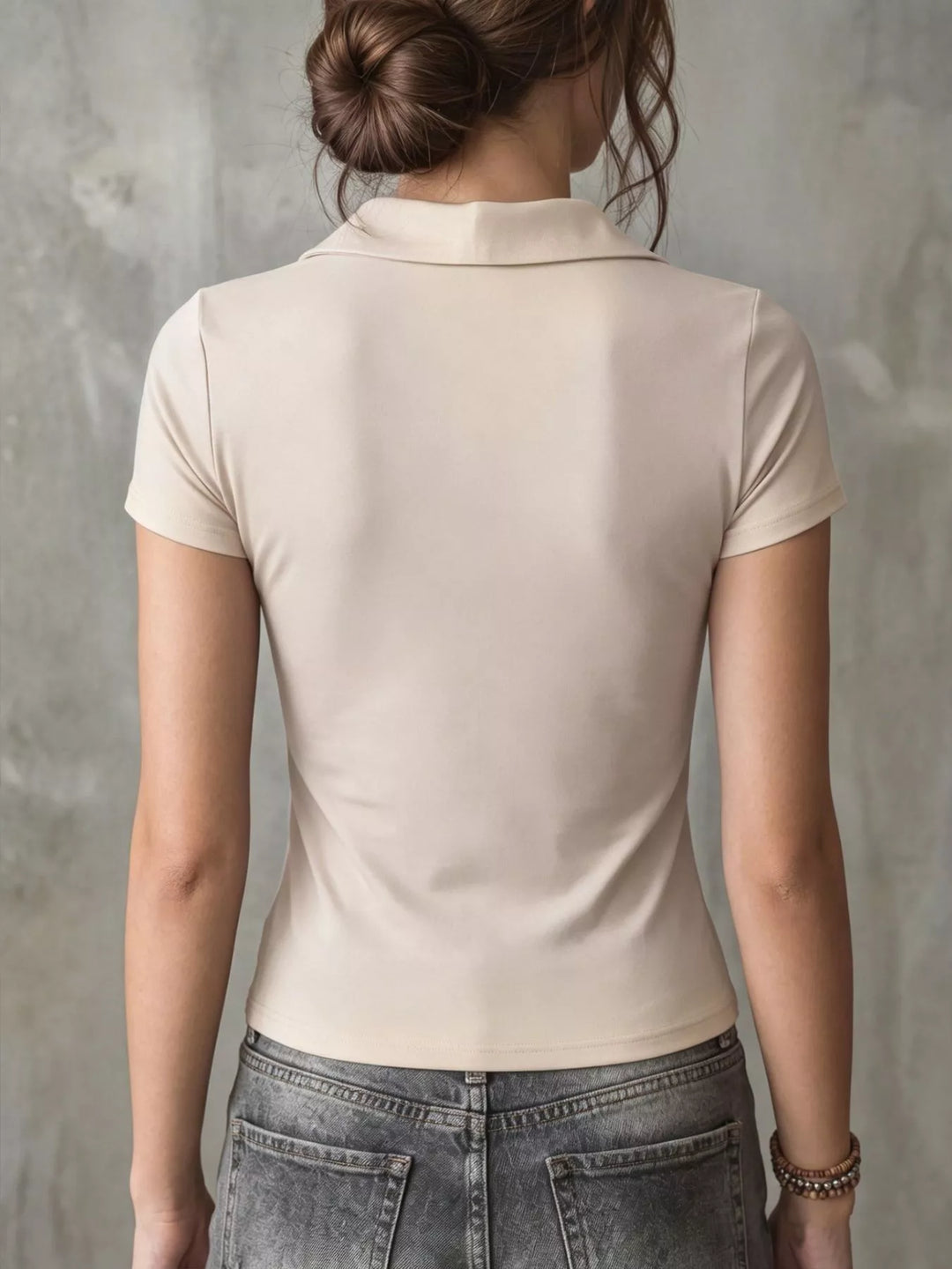 Short sleeve polo collar crop top with chest pocket