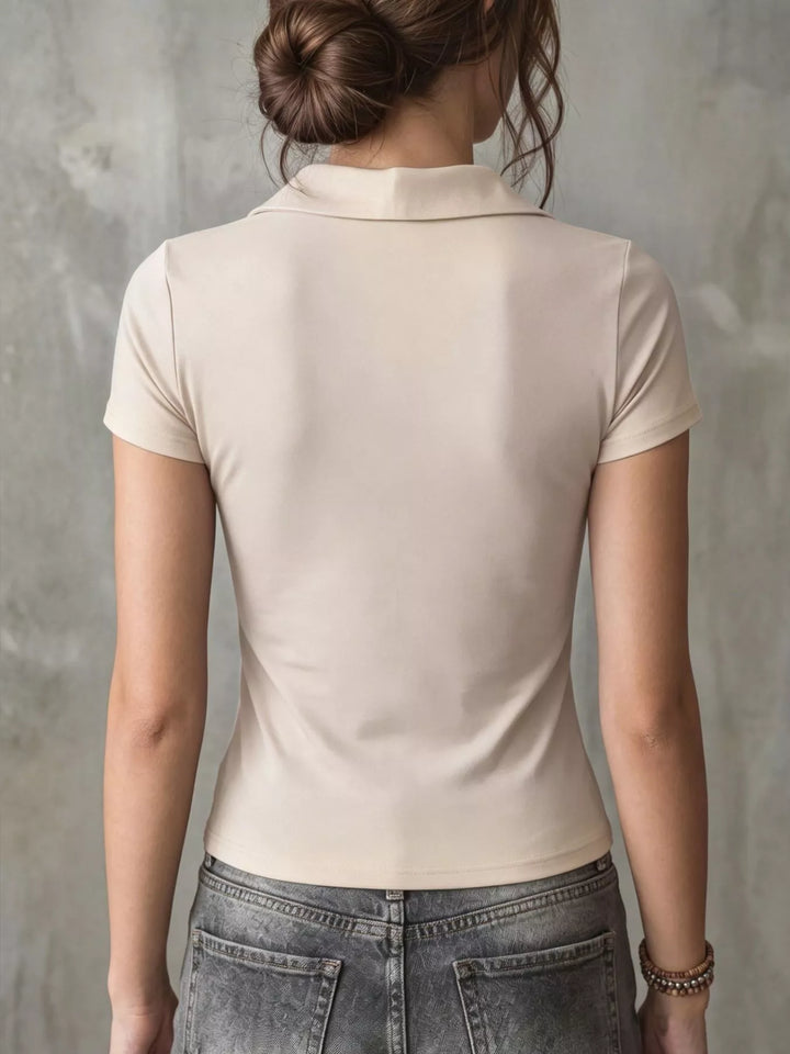 Short sleeve polo collar crop top with chest pocket