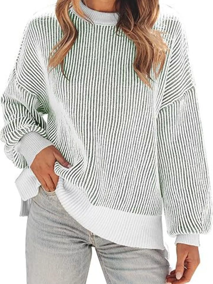 Light Green Striped ribbed knit drop shoulder sweater with side slits