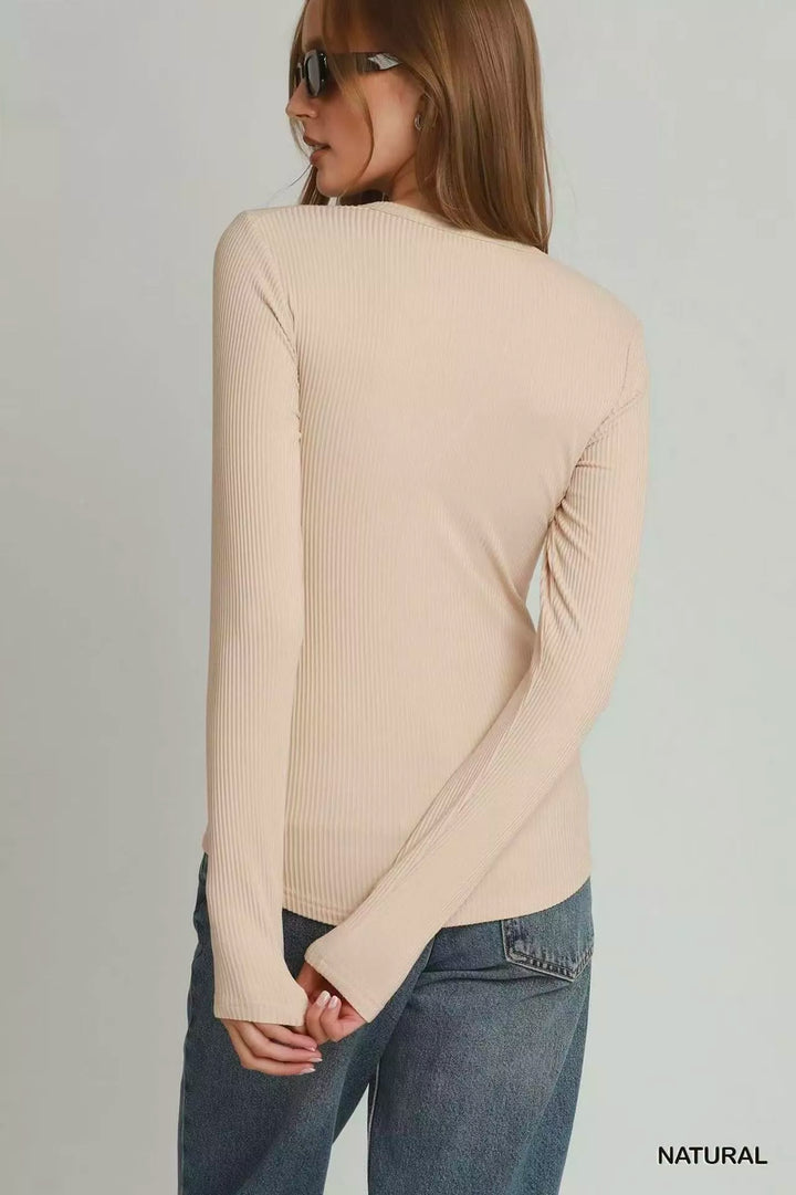 Brushed ribbed long sleeve crew neck top