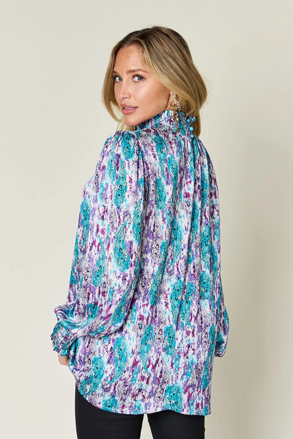 Printed smocked frill mock neck long sleeve blouse