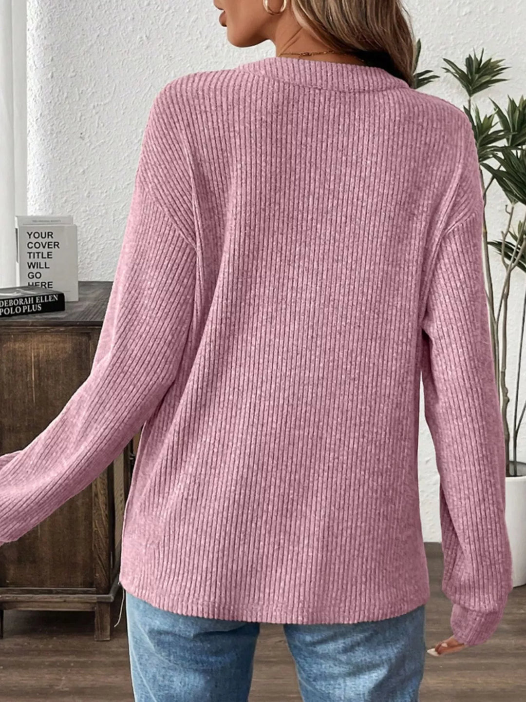 Ribbed drop-shoulder henley top with wood buttons