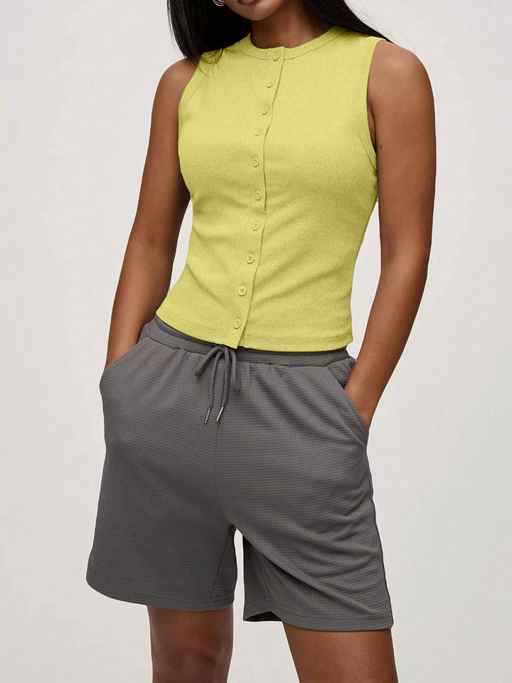 Yellow Ribbed mock-neck button-front sleeveless tank