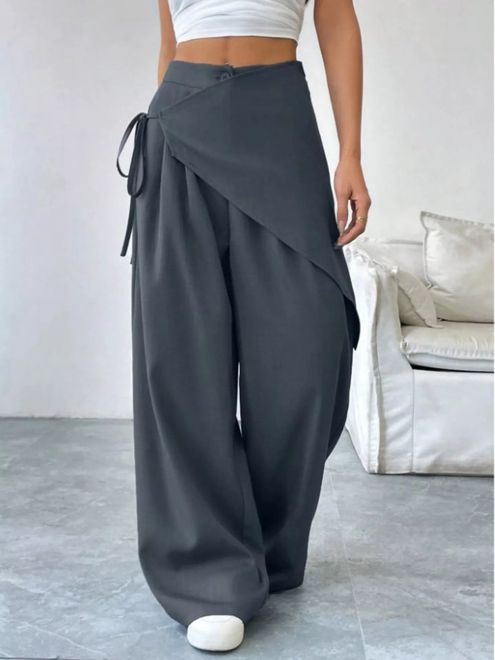Dark Gray High-rise wrap-front wide-leg pants with drawstring tie