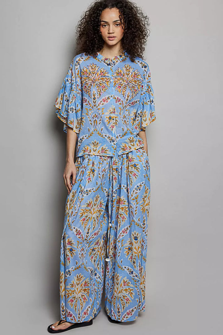 Floral print ruffle sleeve woven button-front top