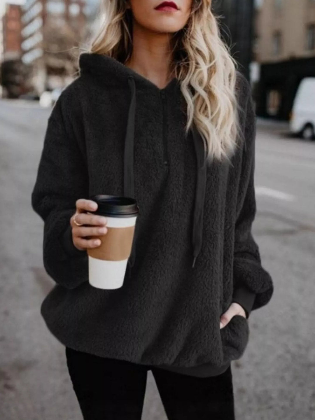 Black Plush half-zip fleece hoodie with drawstring hood and pockets