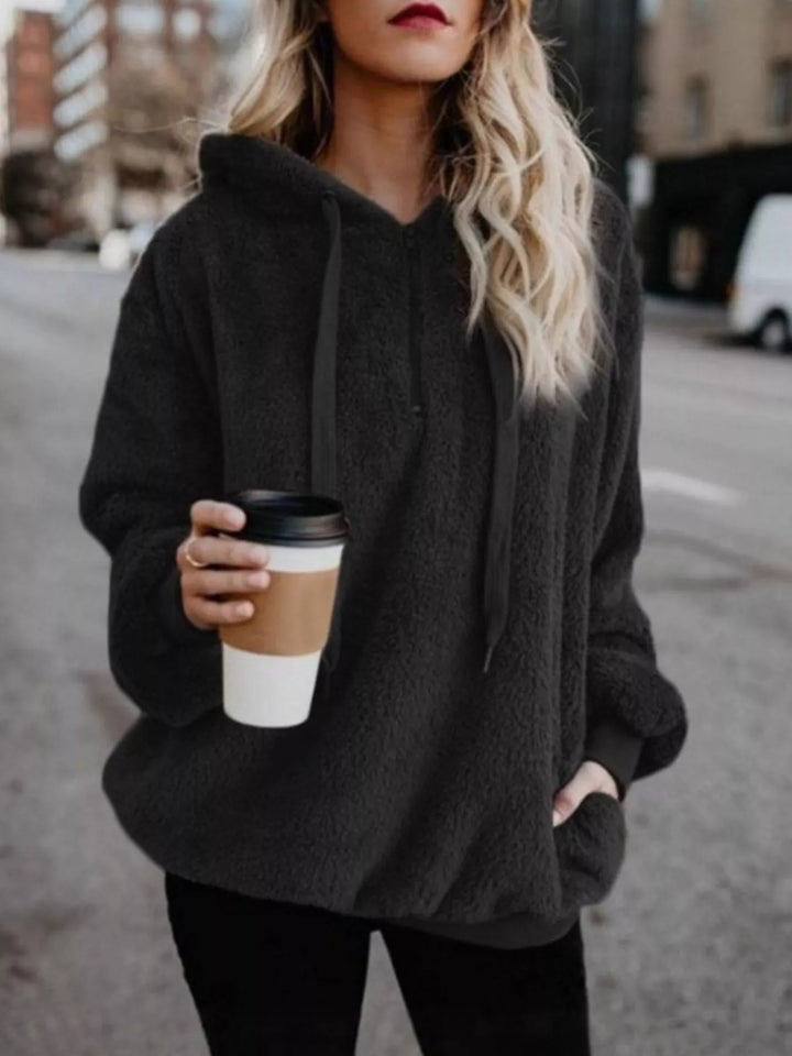 Black Plush half-zip fleece hoodie with drawstring hood and pockets