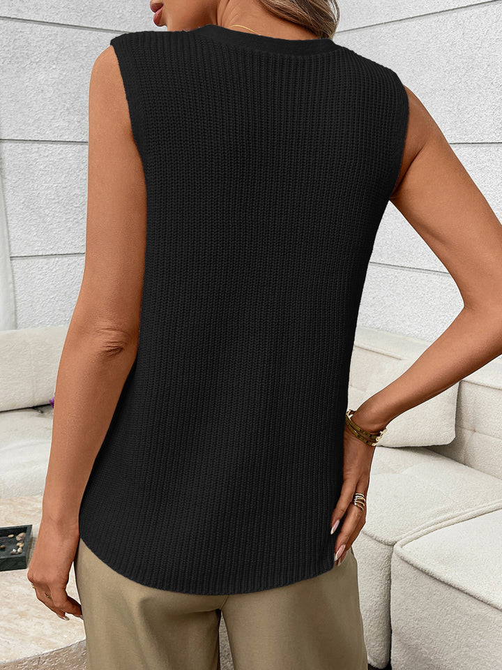 Ribbed knit button-down sweater vest with front pockets