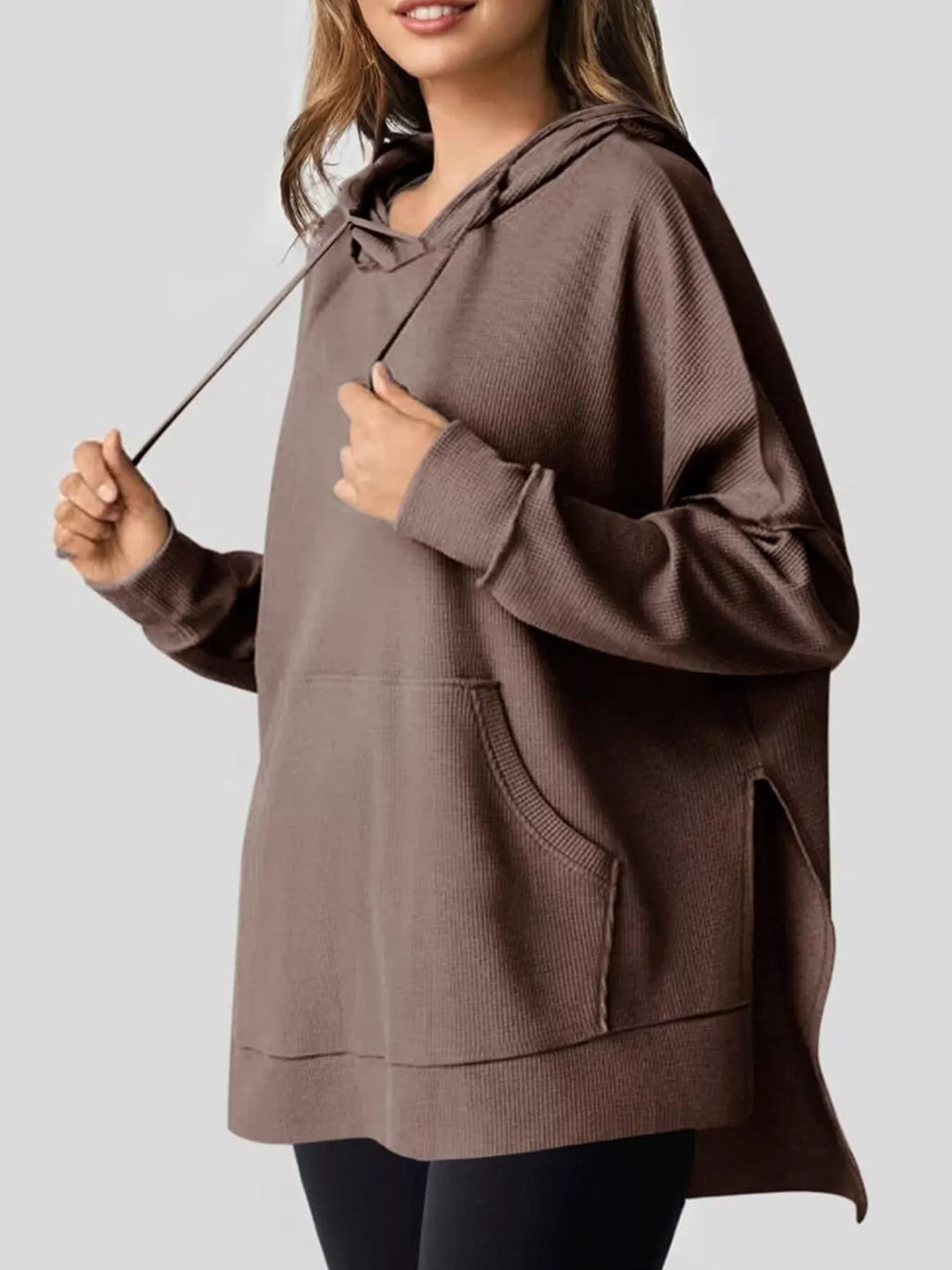 Brown Oversized waffle-knit hoodie with side slits and front pocket