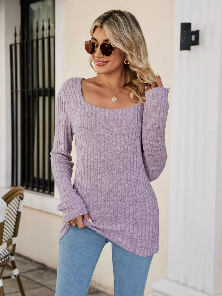 Fitted ribbed square neck long sleeve top