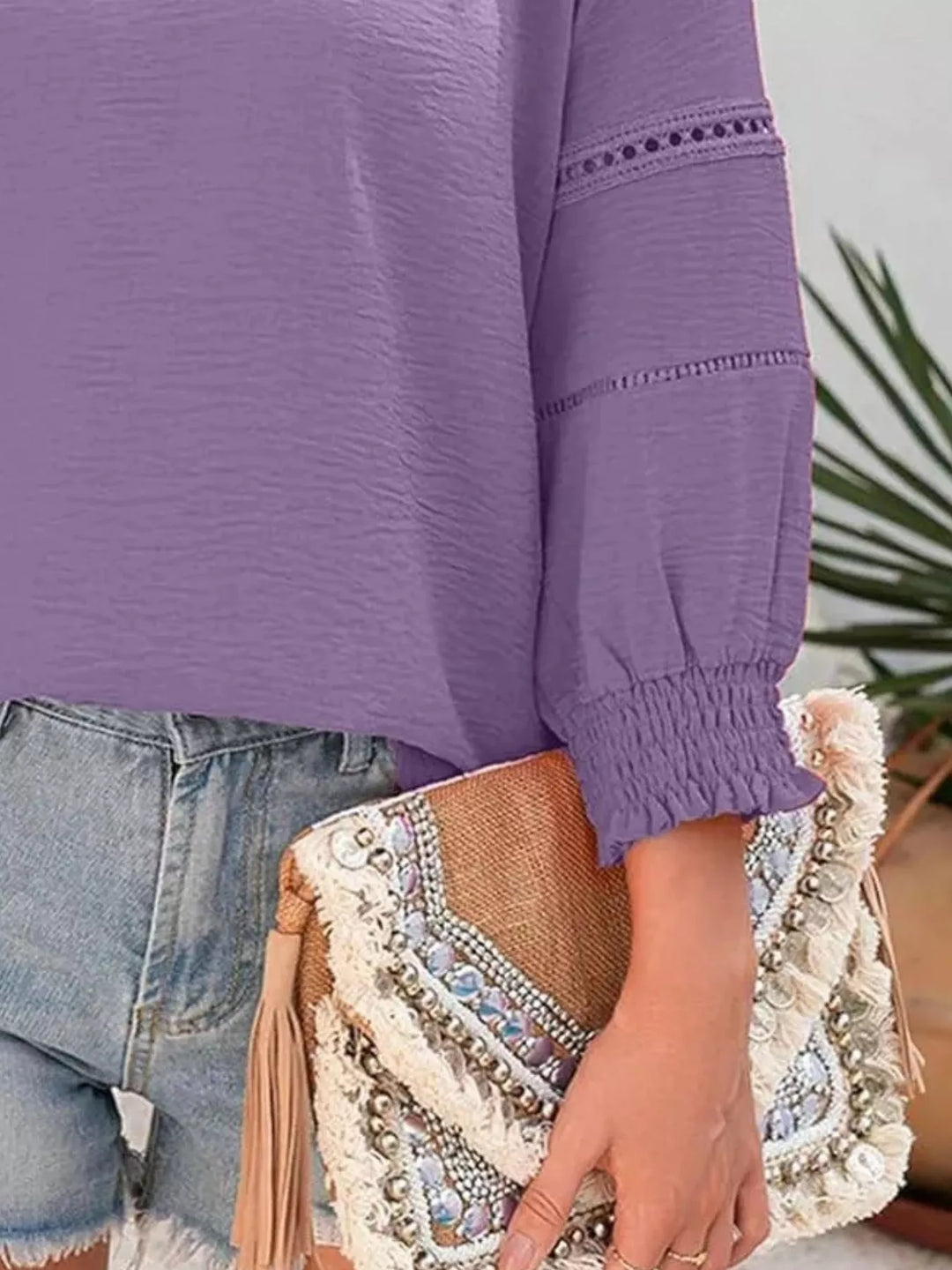 Openwork lace trim blouse with smocked cuffs and split neck