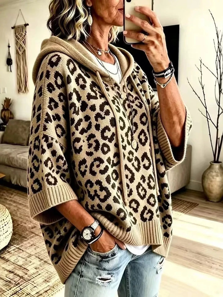 Khaki Leopard print drawstring hooded sweater with dolman sleeves