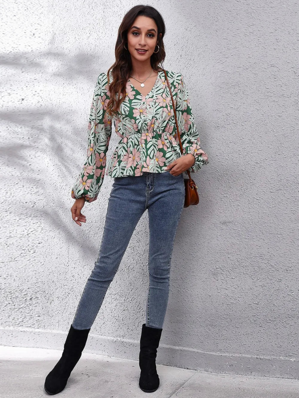 Floral v-neck peplum blouse with balloon sleeves
