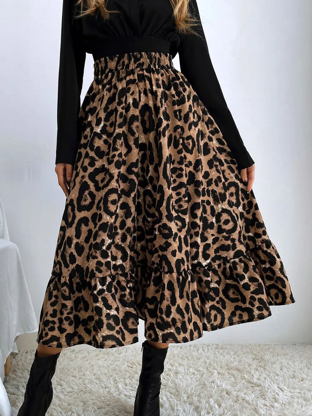 Leopard Flared ruffle-tier midi skirt with elastic waist