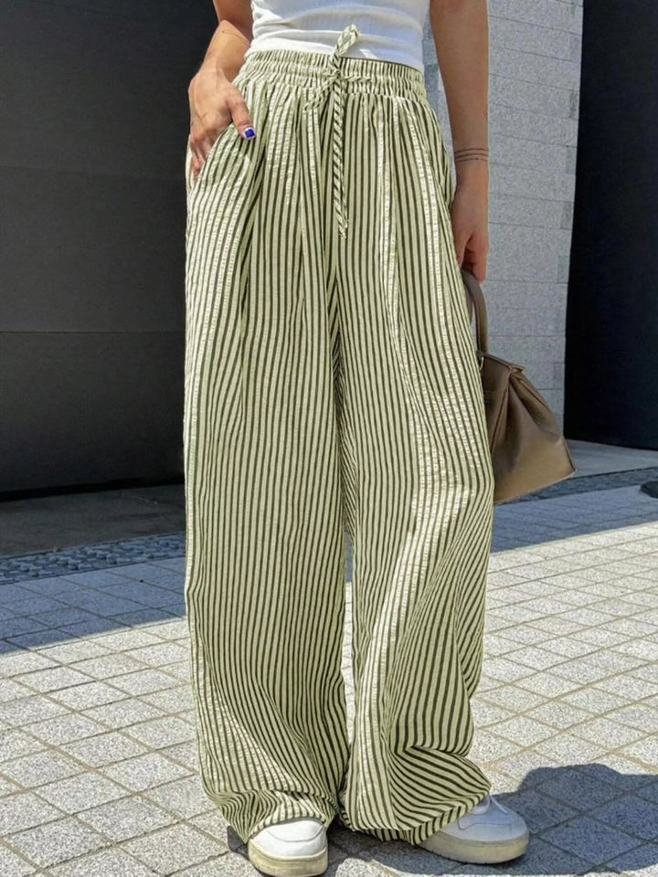Green Striped wide-leg drawstring pants with side pockets