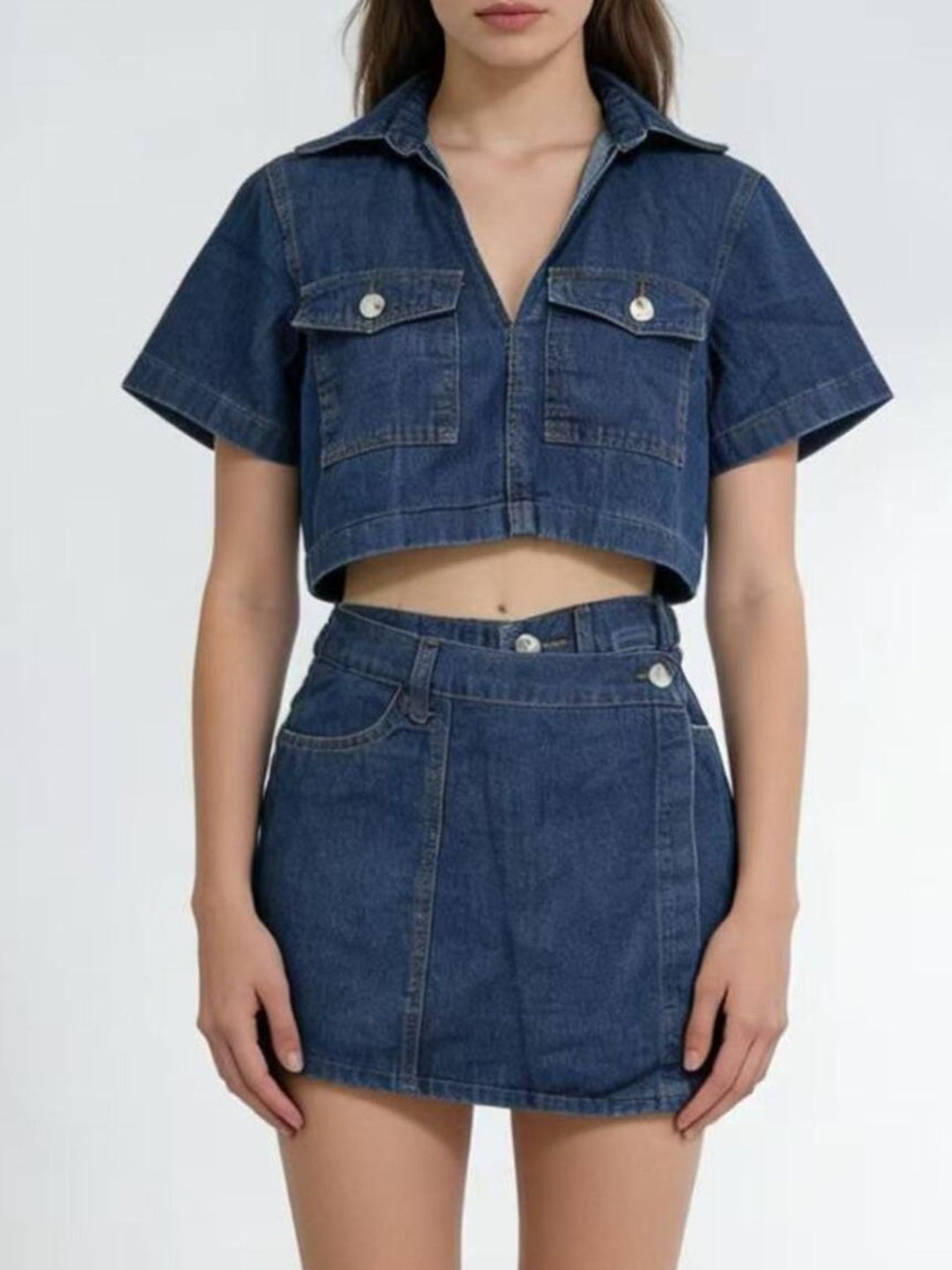 Cropped denim button-up top and mini skort set