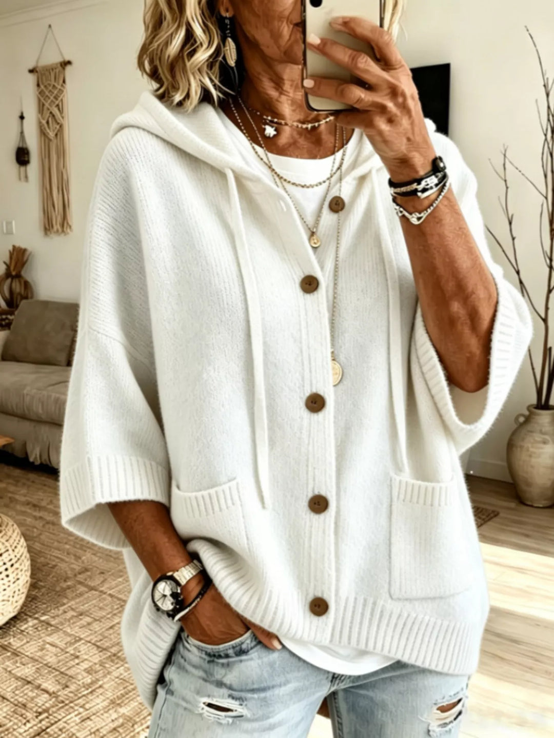 White Hooded button-down knit cardigan with patch pockets