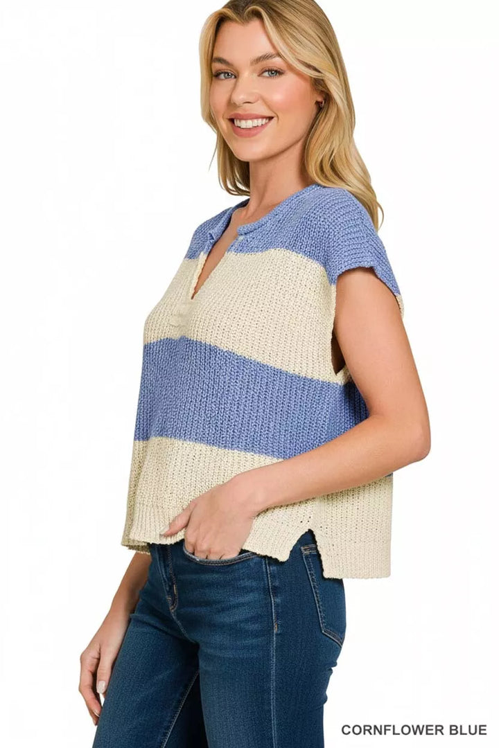 Striped split-neck short sleeve knit sweater