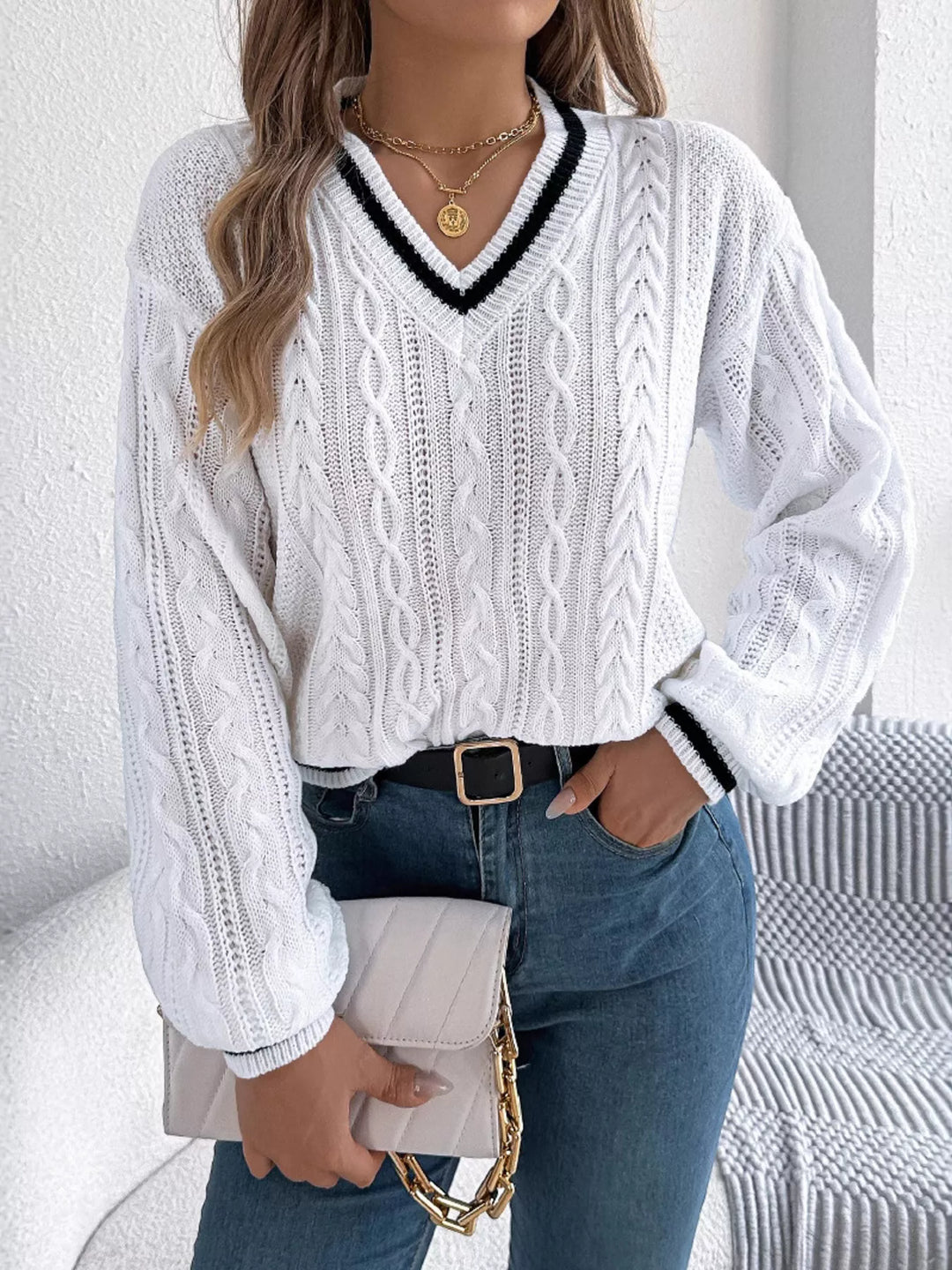 White Mixed cable knit drop shoulder V-neck pullover sweater