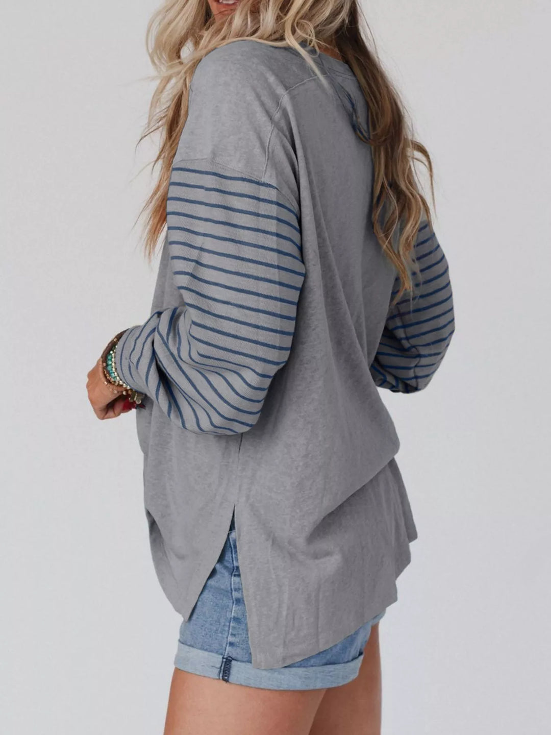 Color block striped long sleeve crew neck top