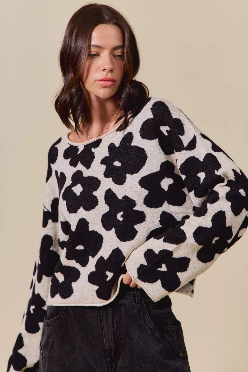 Lightweight floral knit cropped sweater top