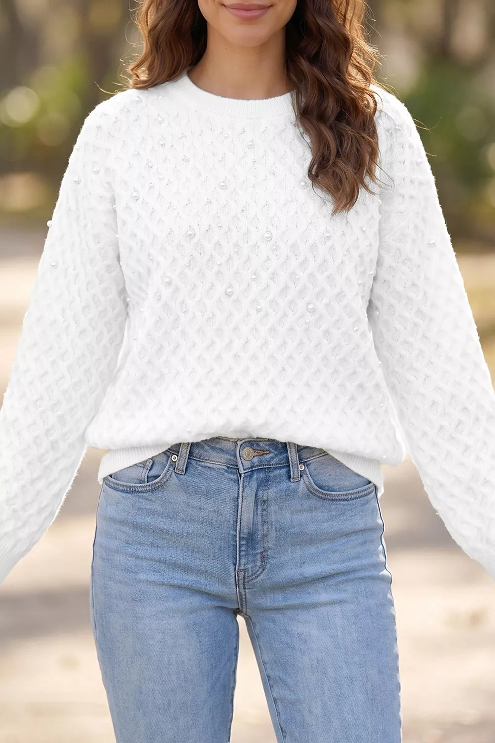 White Pearl embellished textured knit crew neck pullover sweater