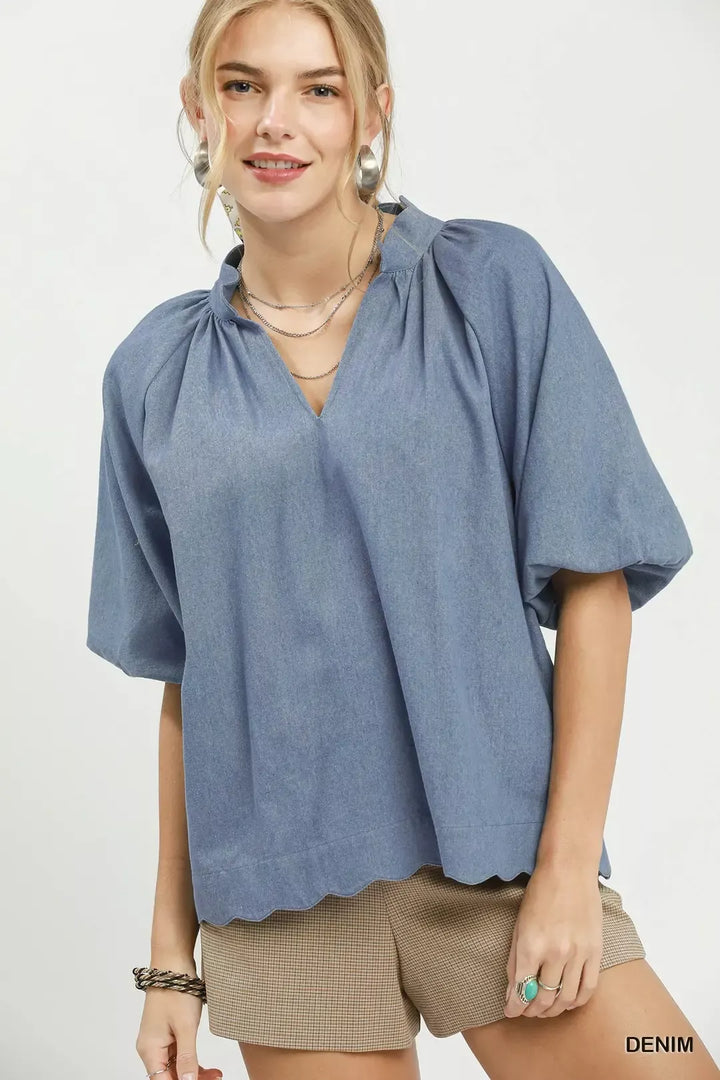 DENIM Chambray puff sleeve boxy top with scalloped hem