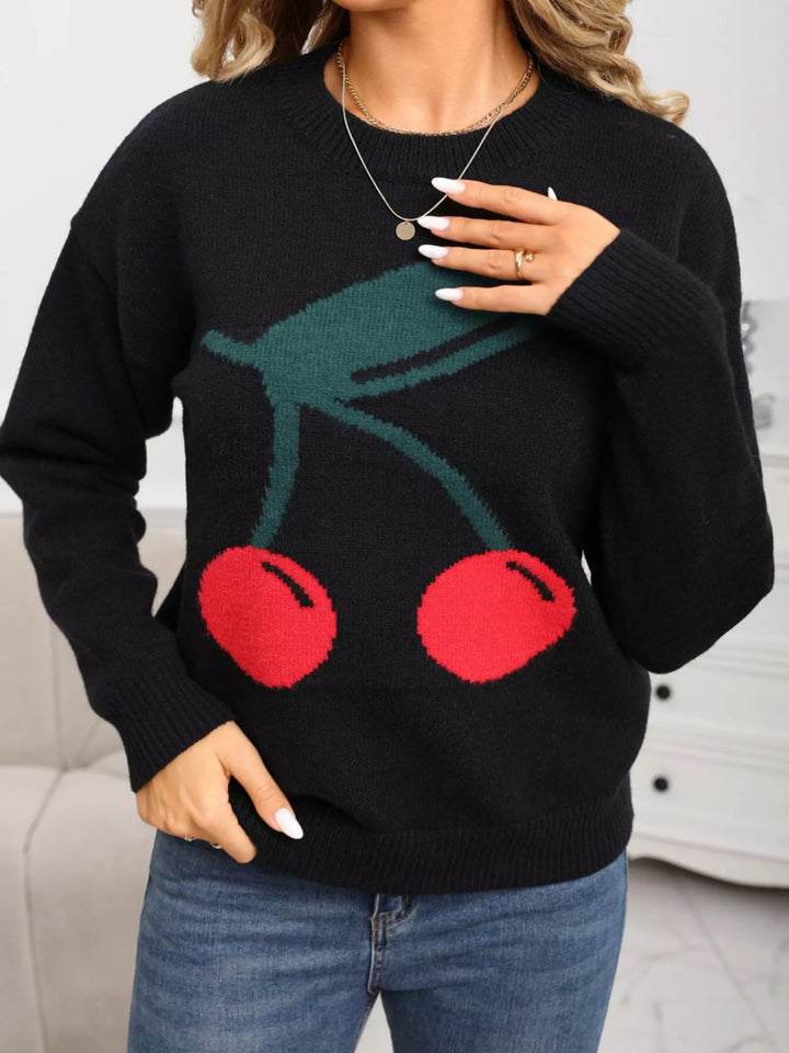 Cherry motif crew neck long sleeve knit sweater