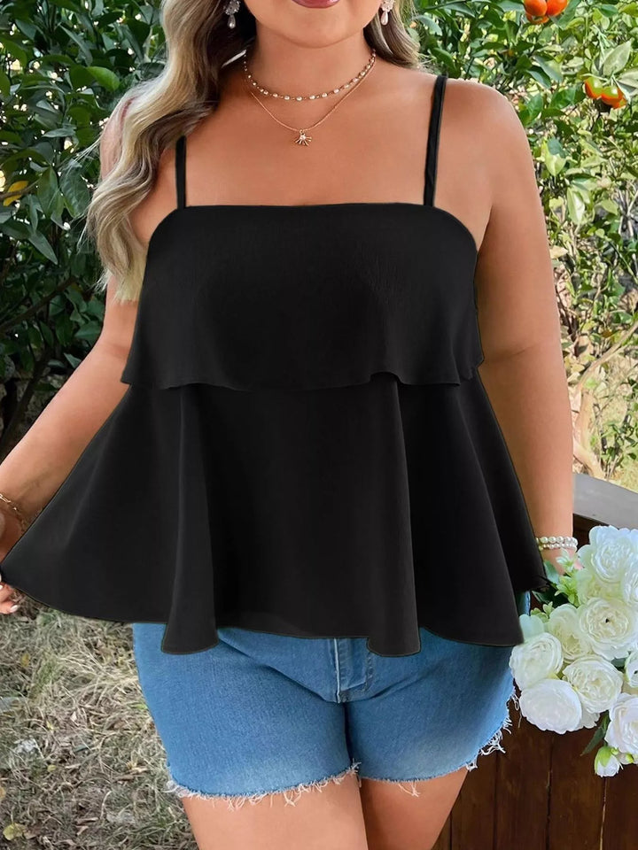Black Ruffle tiered plus size cami with spaghetti straps