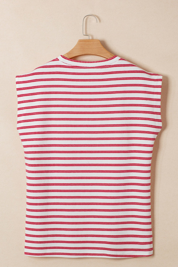 Striped textured knit tee with shoulder buttons