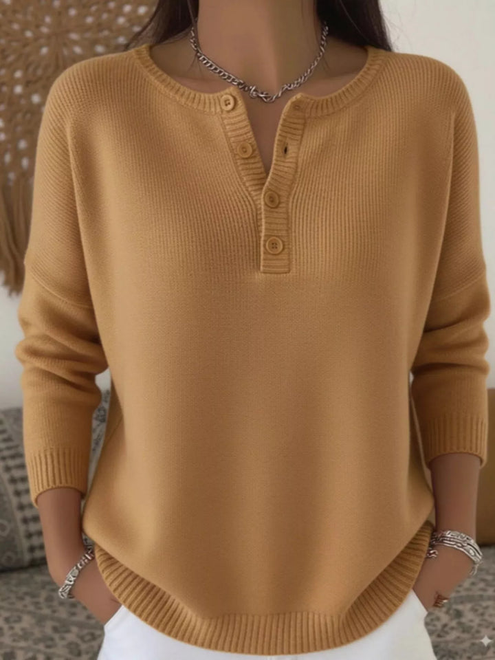 Khaki Henley button knit sweater with ribbed trim