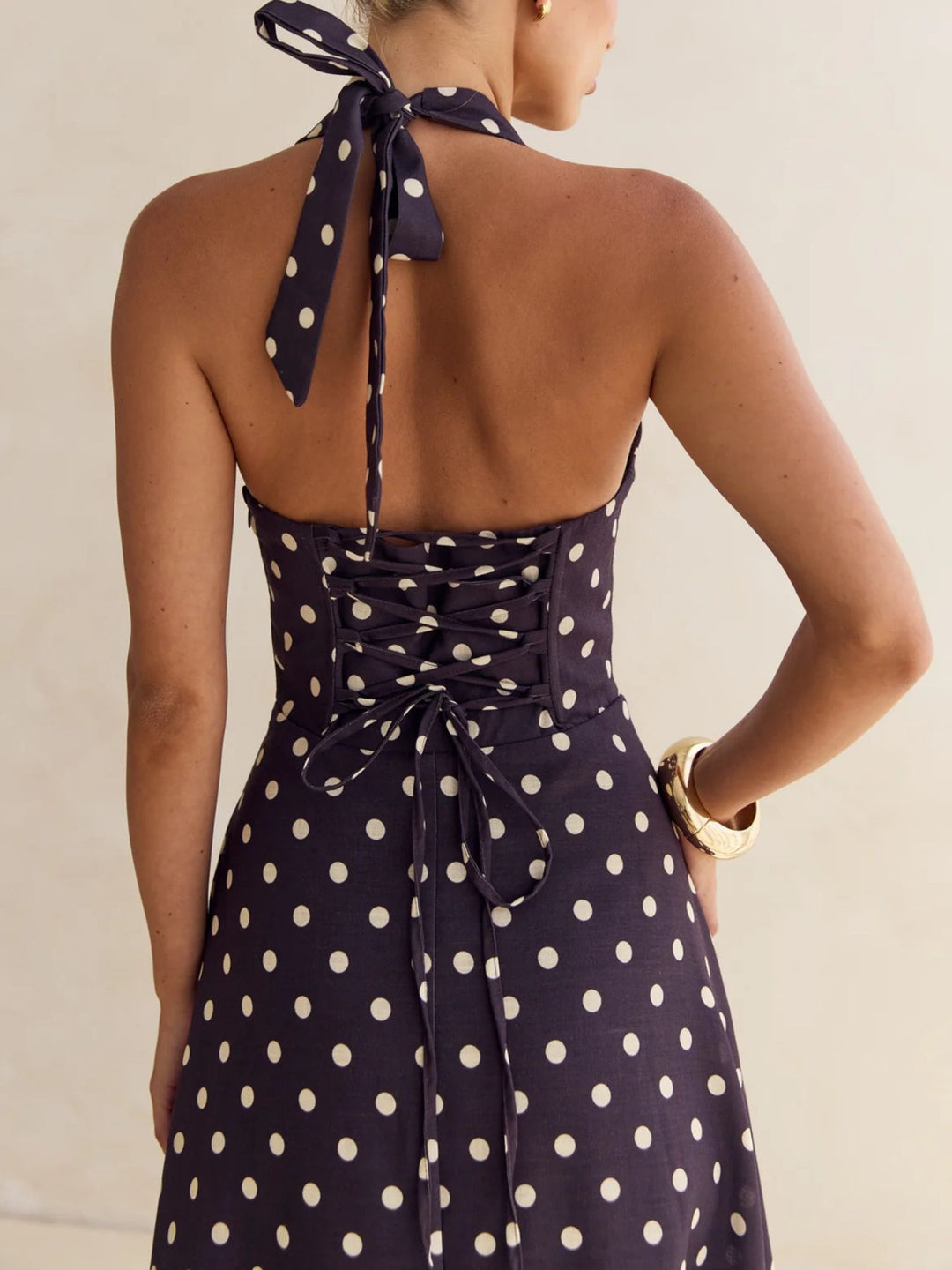 Floral print halter maxi dress with lace-up back