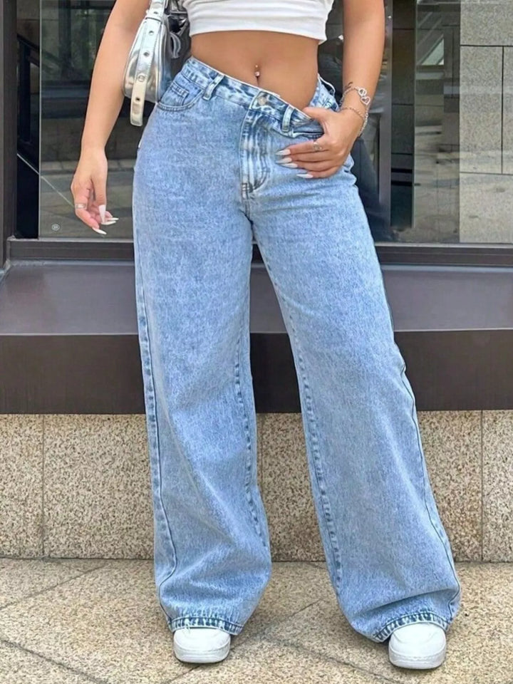 High-rise wide-leg acid-wash jeans with five-pocket detailing