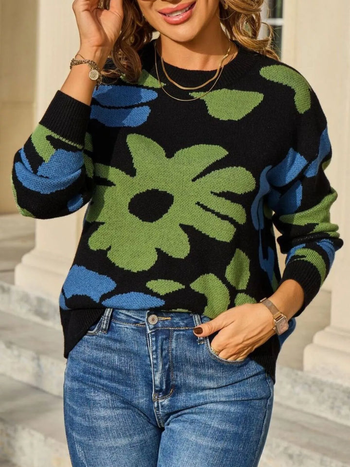 Black Retro floral knit crew neck pullover sweater