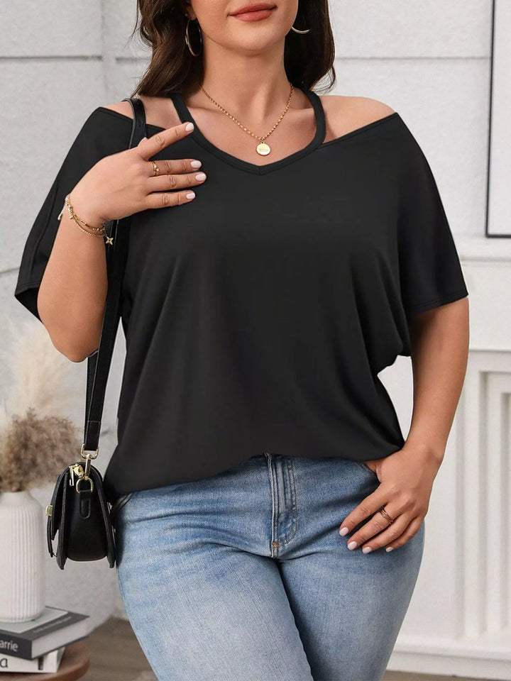 Plus-size cold shoulder V-neck top with strap detail