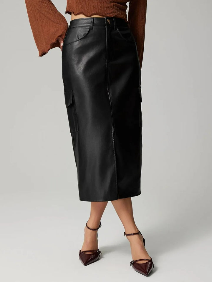 High-rise faux leather midi skirt with cargo pockets and slit