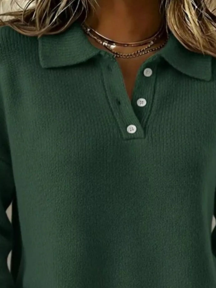 Dropped shoulder polo collar button knit sweater